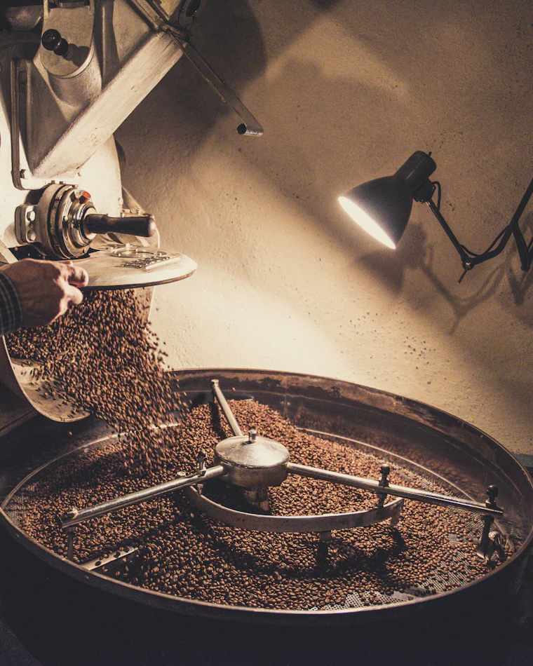 Freshly roasted coffee beans dropping from the drum into the cooling tray under a work lamp